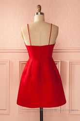 A Line Backless Short Red Semi Formal Prom Dresses, Short Red Satin Homecoming Graduation Dresses, Red Formal Dresses